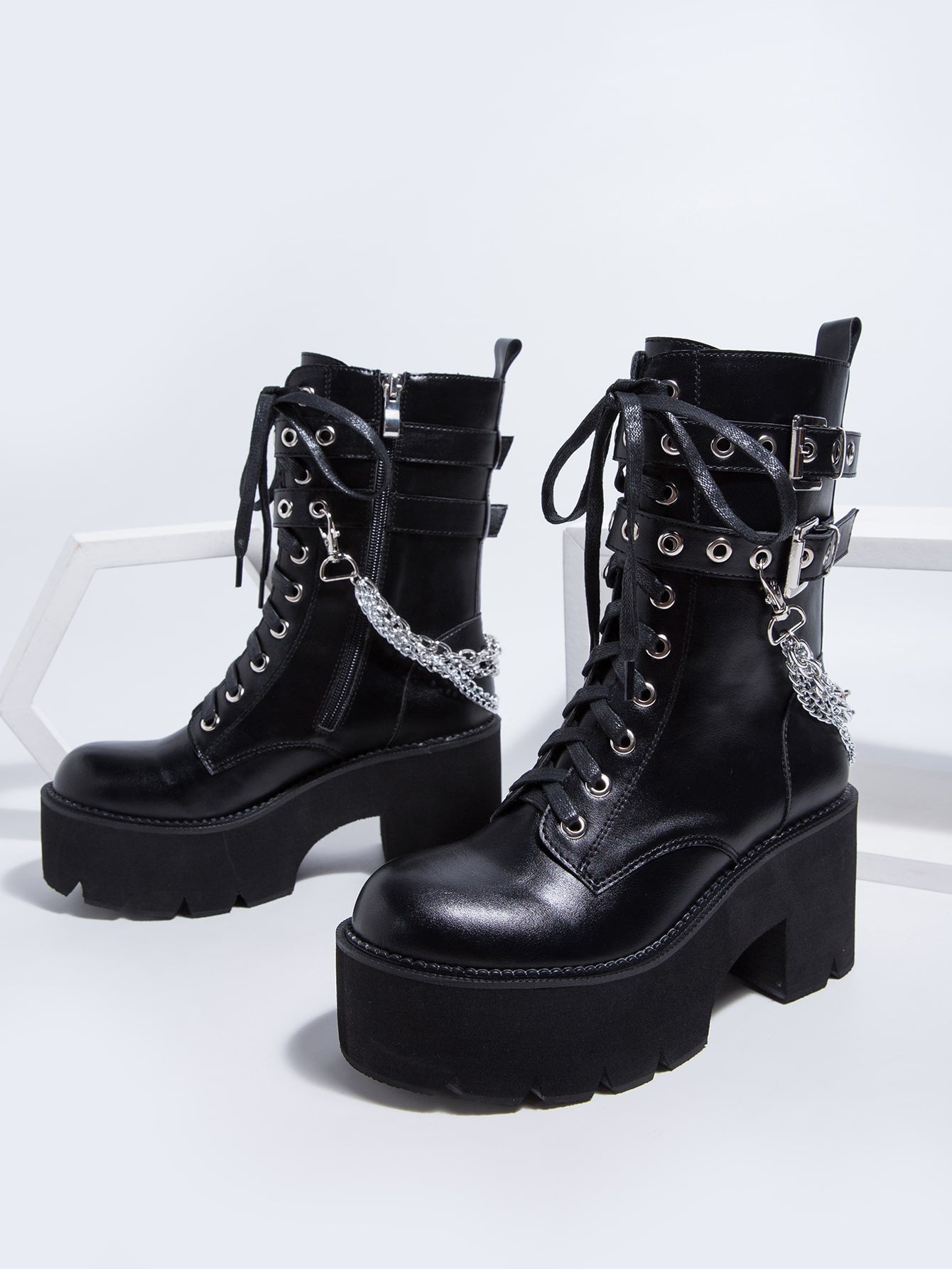 Women Black Chain & Buckle Decor Zip Side Lace-up Front Boots, Punk Round Toe Platform Combat Boots