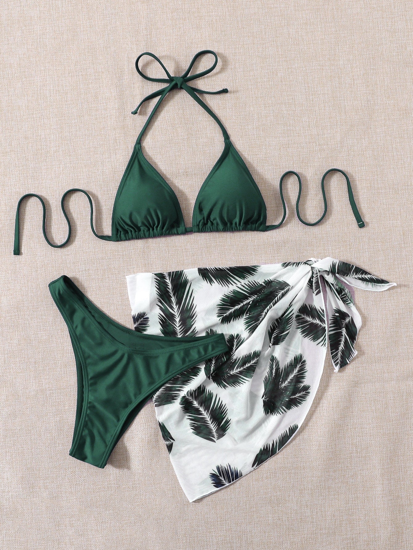 Swim Summer Beach Leaf Print Bikini Set Halter Triangle Bra & High Cut Bottom & Cover Up Skirt 3 Piece Bathing