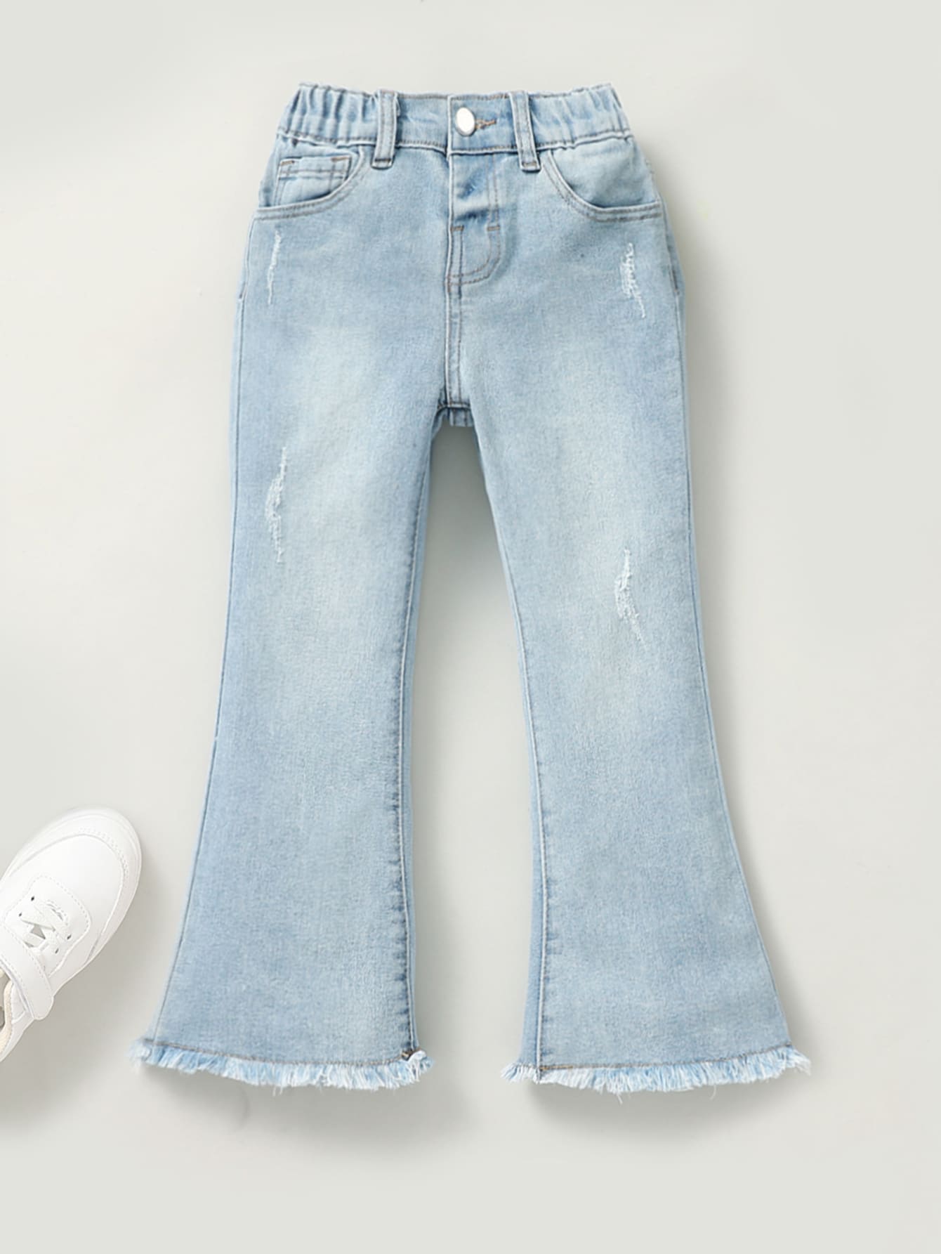 Young Girl Light Wash Ripped & Frayed Hem Skinny Flare Jeans, Casual & Versatile With Stretch