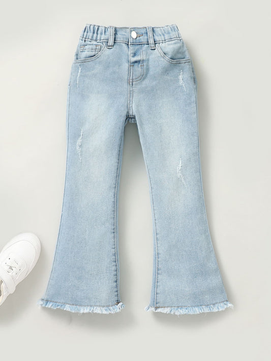 Young Girl Light Wash Ripped & Frayed Hem Skinny Flare Jeans, Casual & Versatile With Stretch