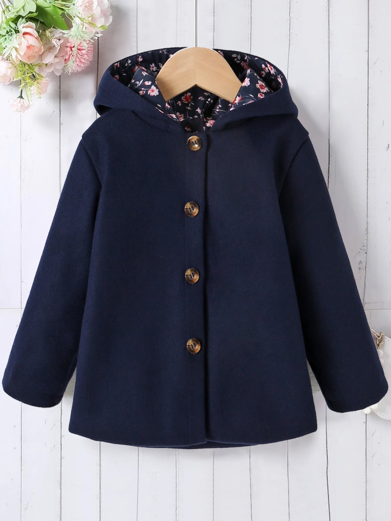 Young Girl Single Breasted Hooded Overcoat