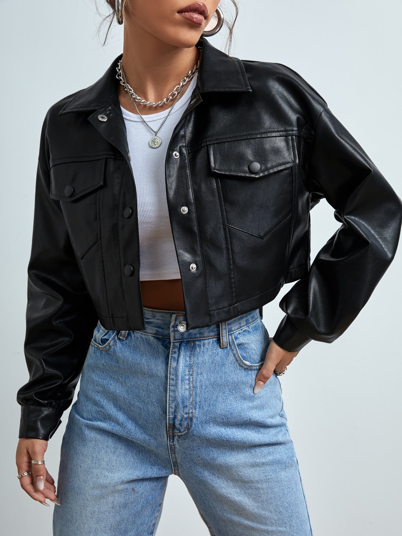 Spring Black Drop Shoulder Flap Pocket Crop PU Jacket Women Coats