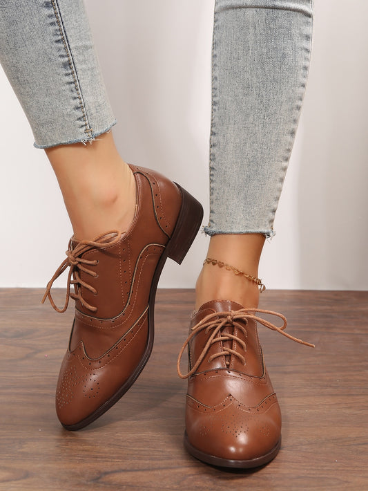 Lace-up Front Oxford Shoes, Women's Brown Solid Color Neutral Flat Shoes