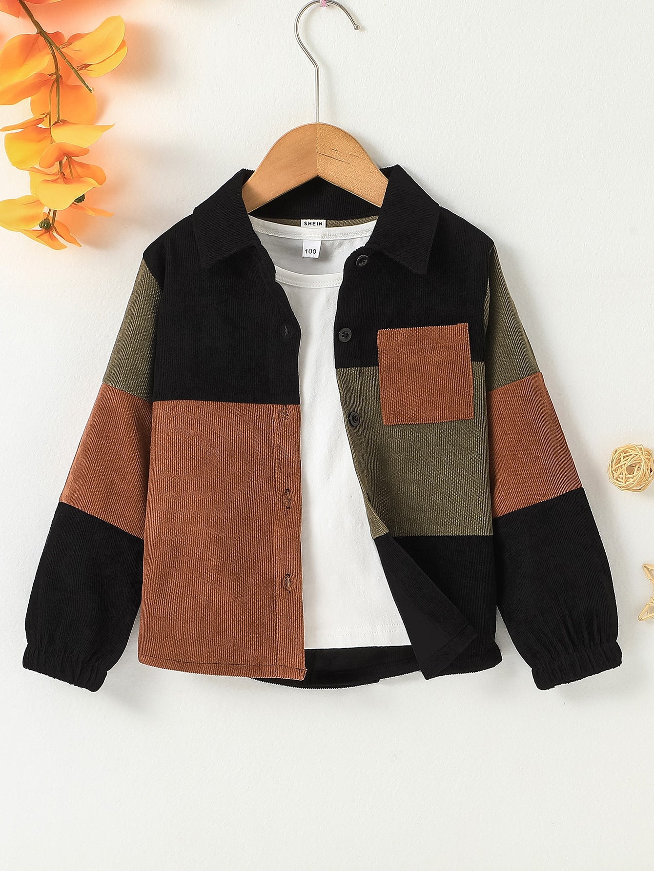 Young Boy Color Block Pocket Patched Coat Without Tee