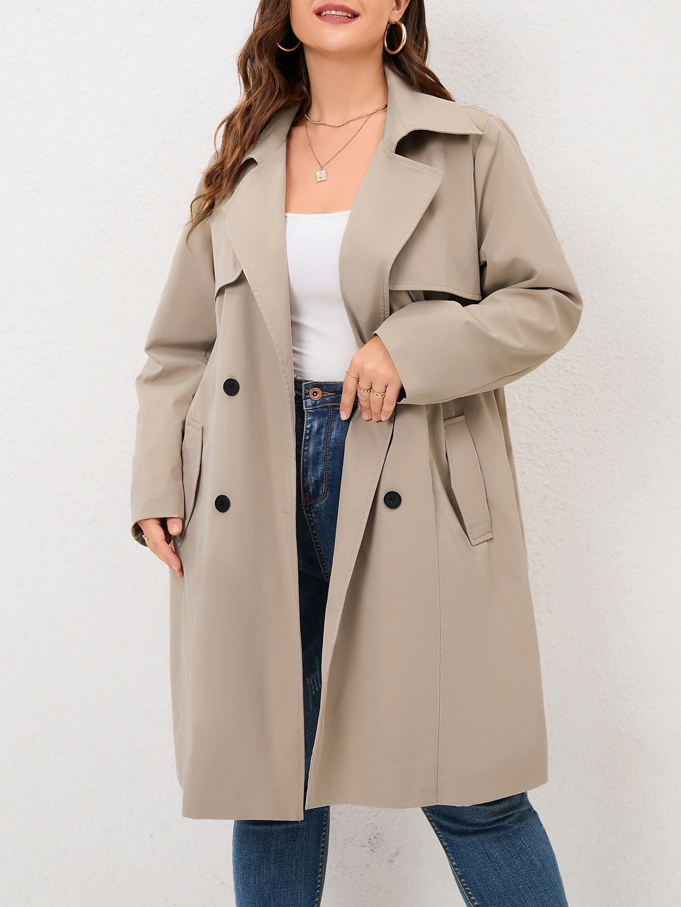 Plus Lapel Neck Double Breasted Belted Trench Coat