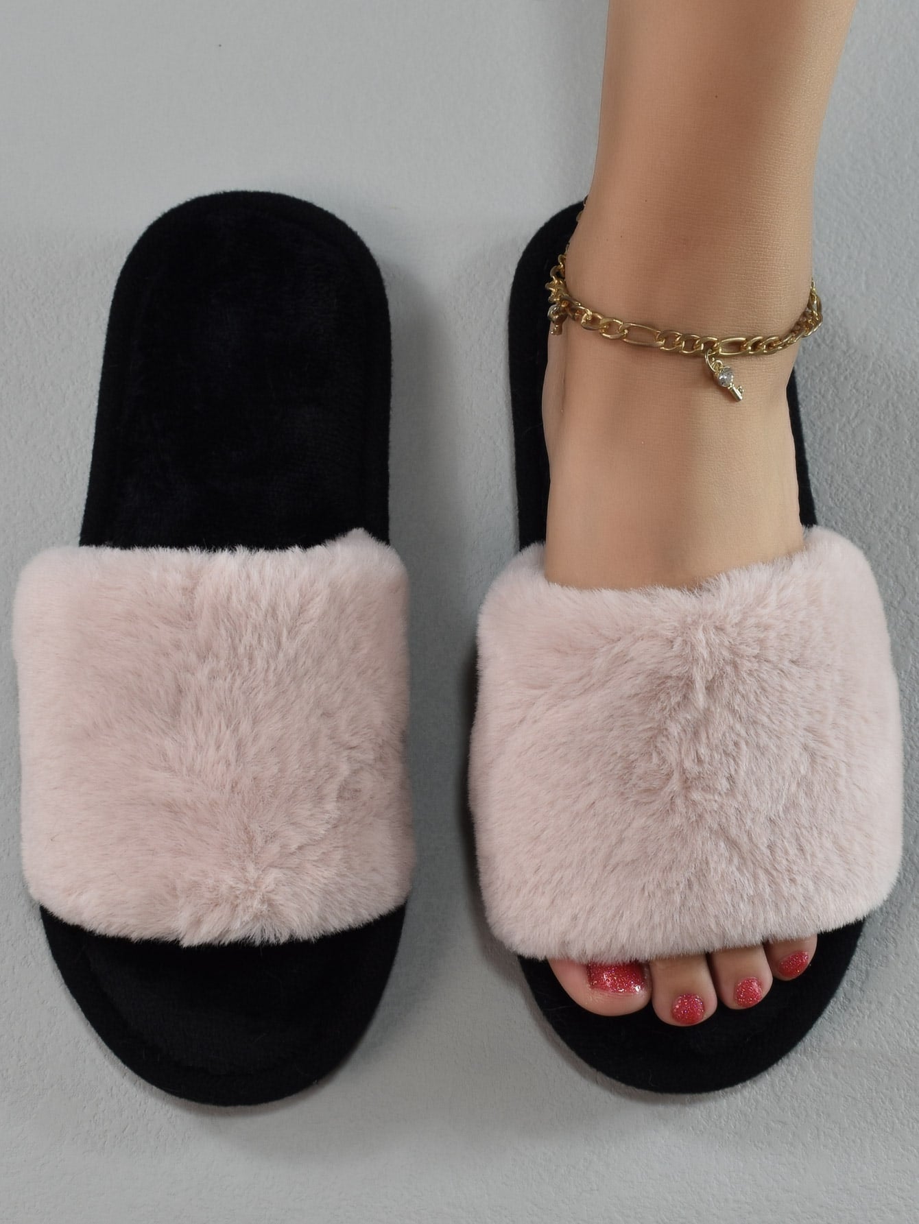 Minimalist Fuzzy Bedroom Slippers, Slip-on Pink Fashion Solid Color Women's Indoor Slippers