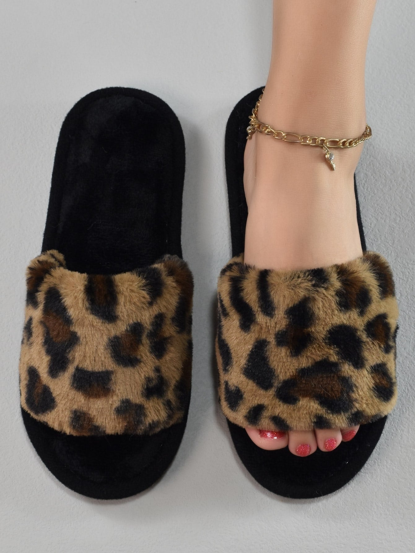 Women Leopard Pattern Fuzzy Bedroom Slippers, Fashionable Open Toe Home Slippers