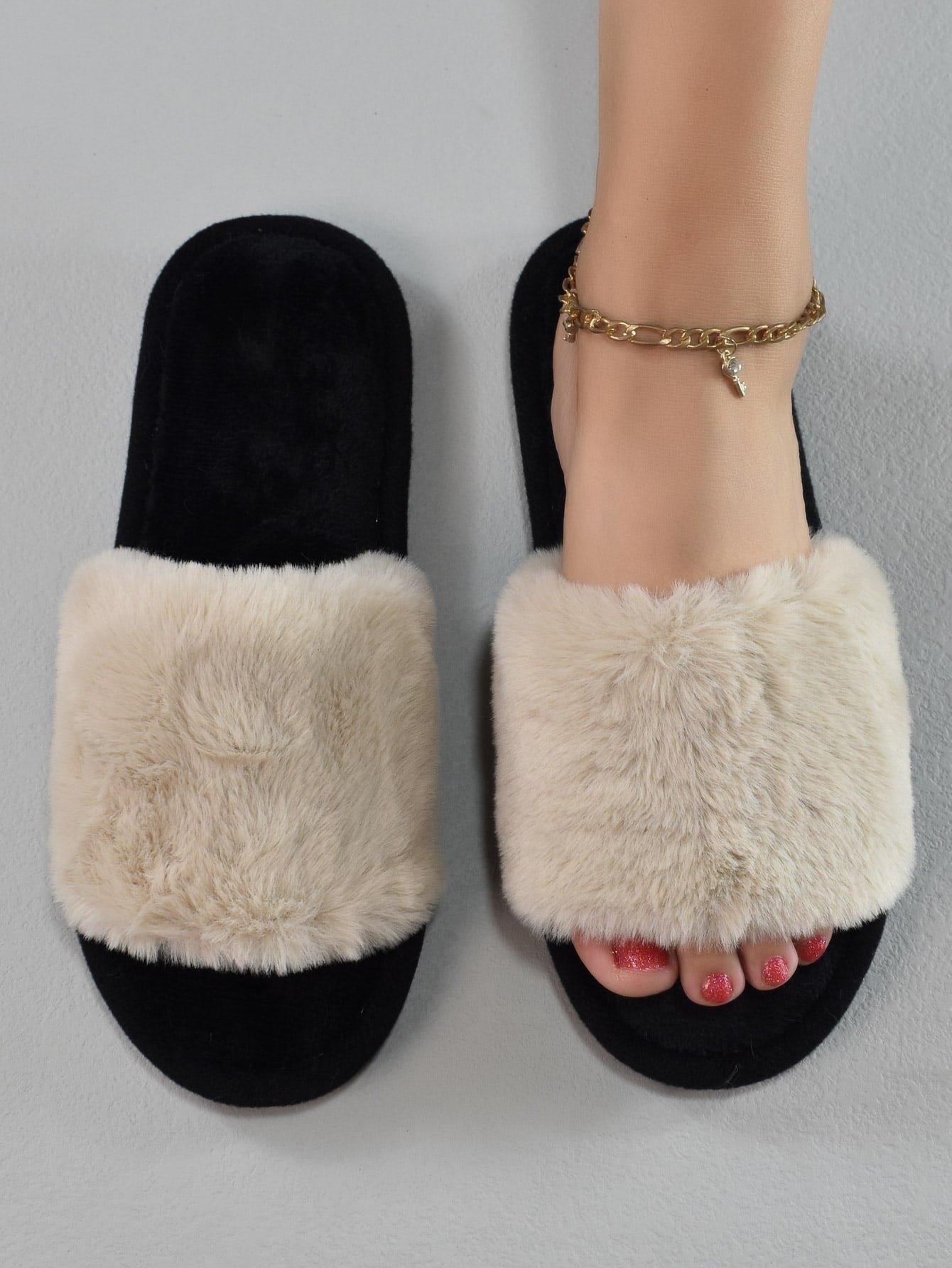 Minimalist Fuzzy Bedroom Slippers, Slip-on Pink Fashion Solid Color Women's Indoor Slippers