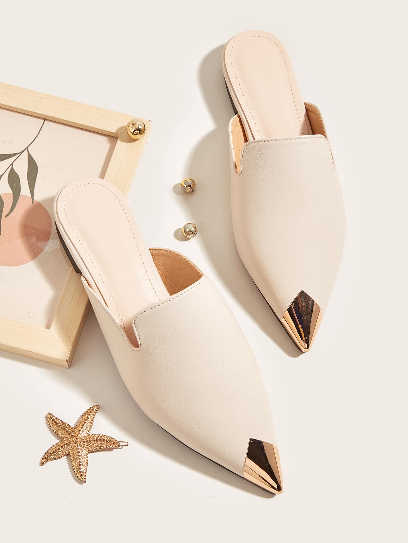 Metallic Detail Point Toe Flat Mules