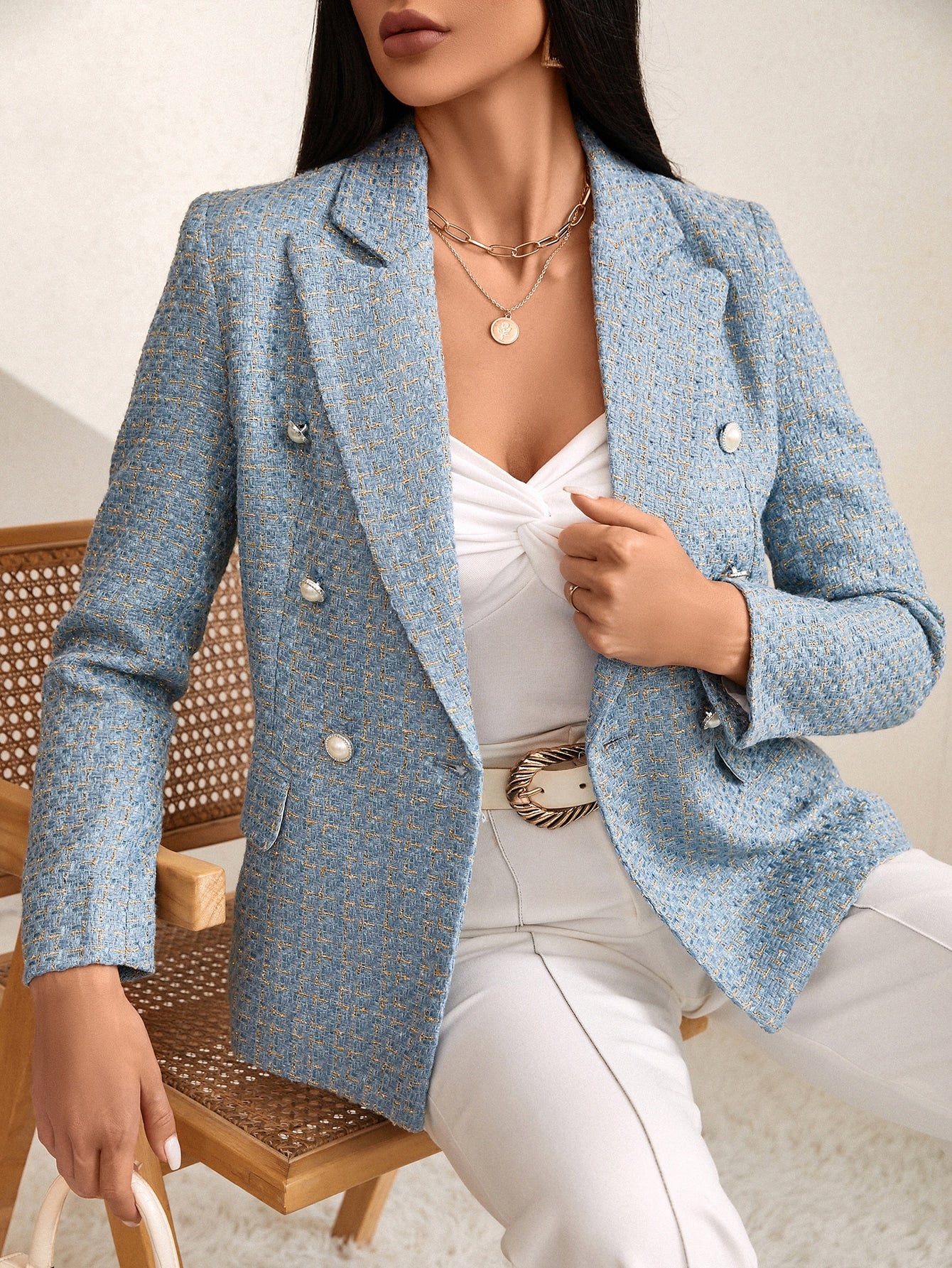 BIZwear Plaid Print Double Breasted Blazer Workwear