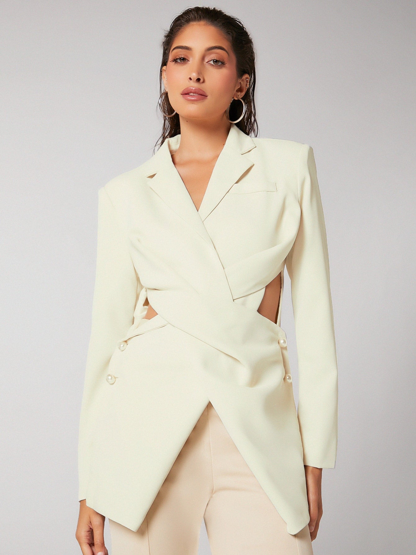 Notched Collar Twist Front Buttoned Detail Blazer Workwear