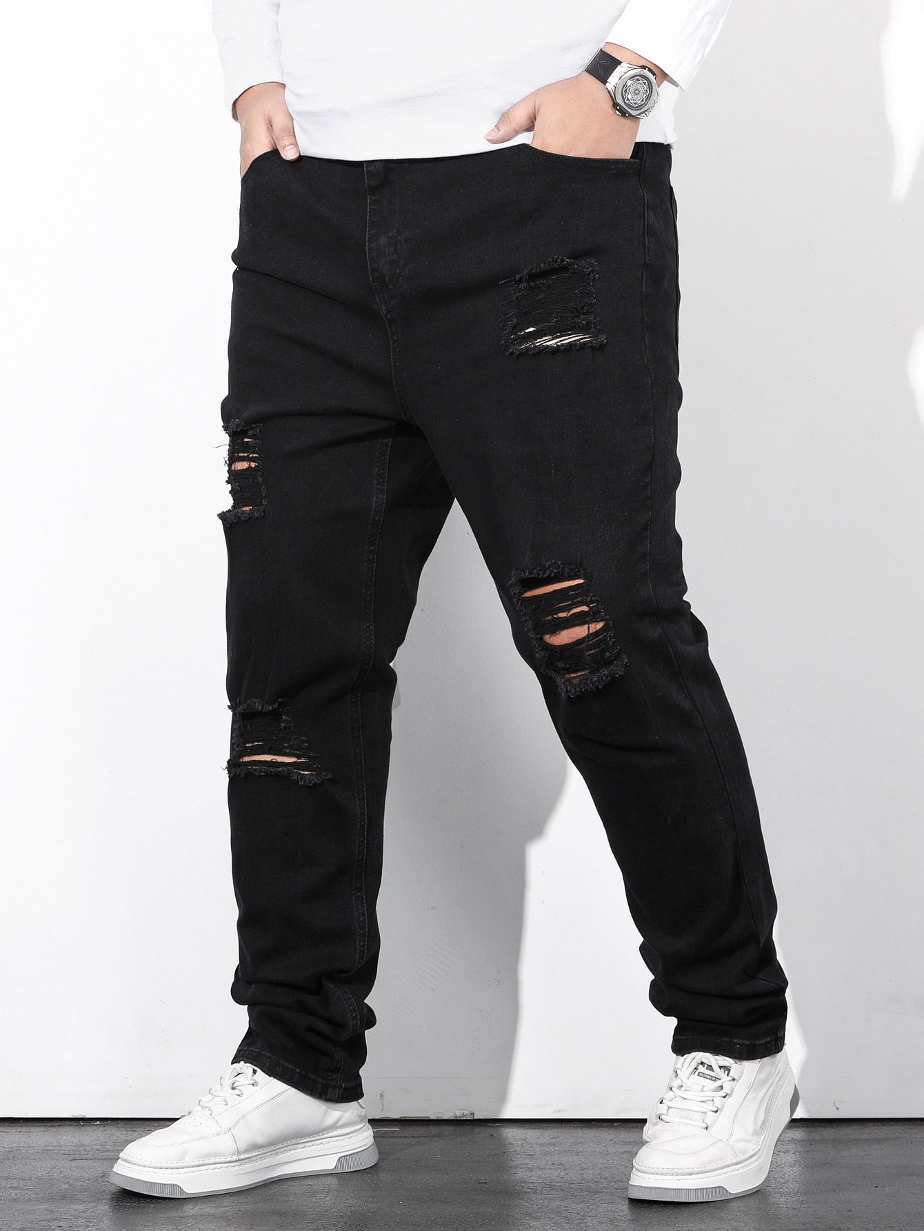 Men Plus Cotton Ripped Straight Leg Jeans Slim Fit Long Frayed Jean Cargo Plain Black Work Casual Size