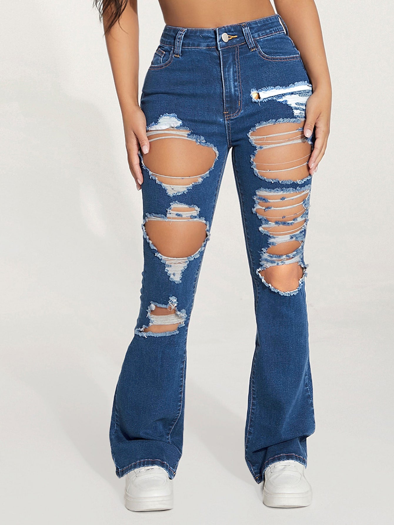 High Waist Ripped Flare Leg Jeans