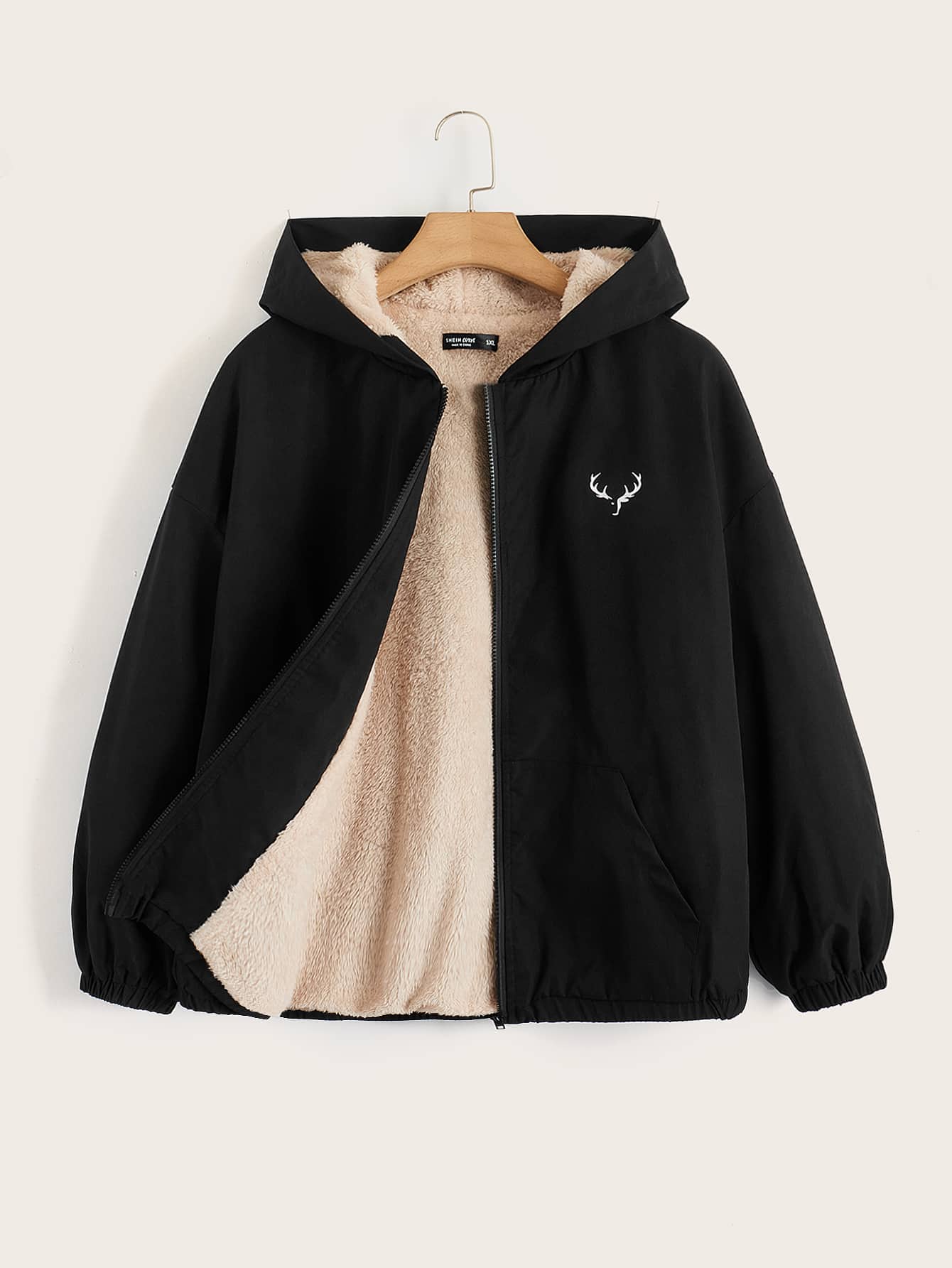 Plus Antler Print Teddy Lined Hooded Jacket