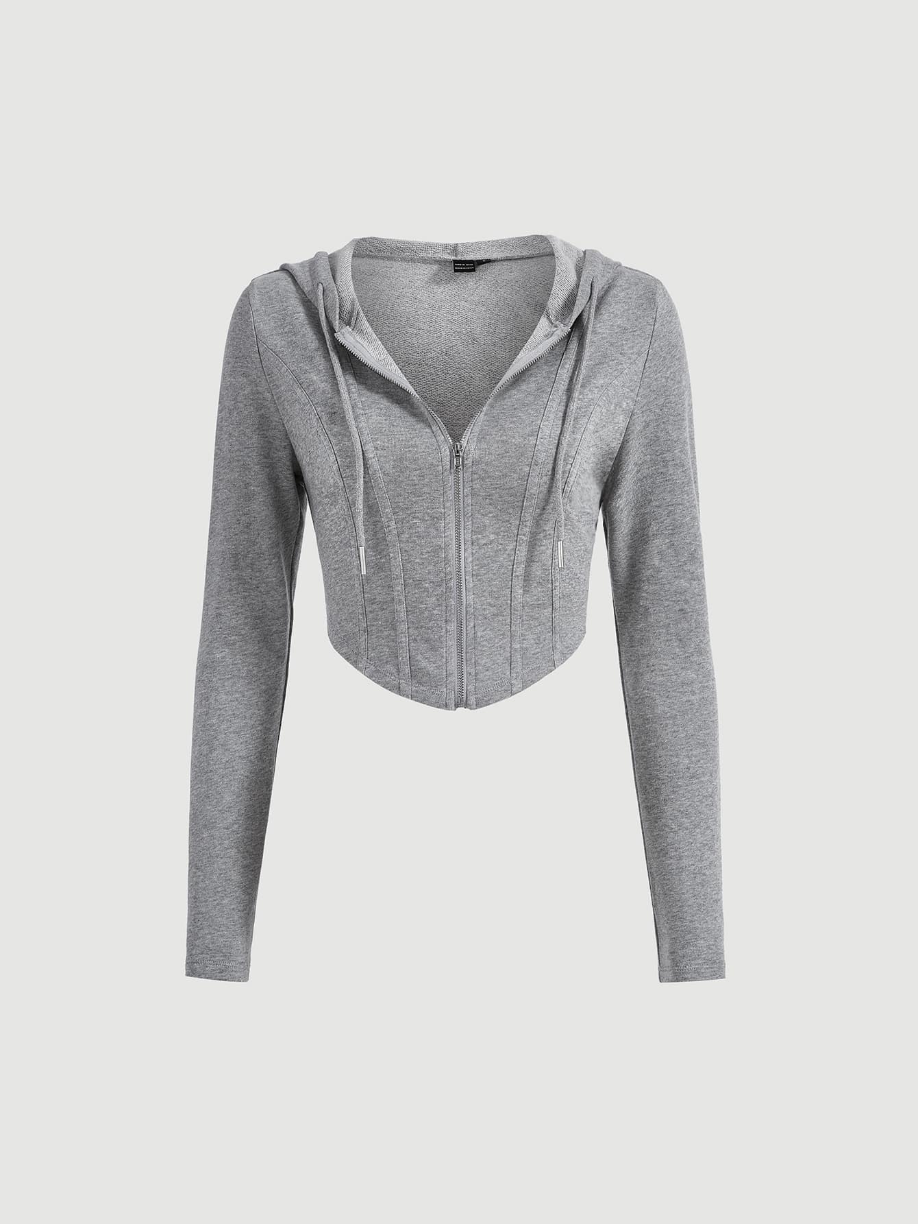 Zip Up Drawstring Hooded Crop Hoodie