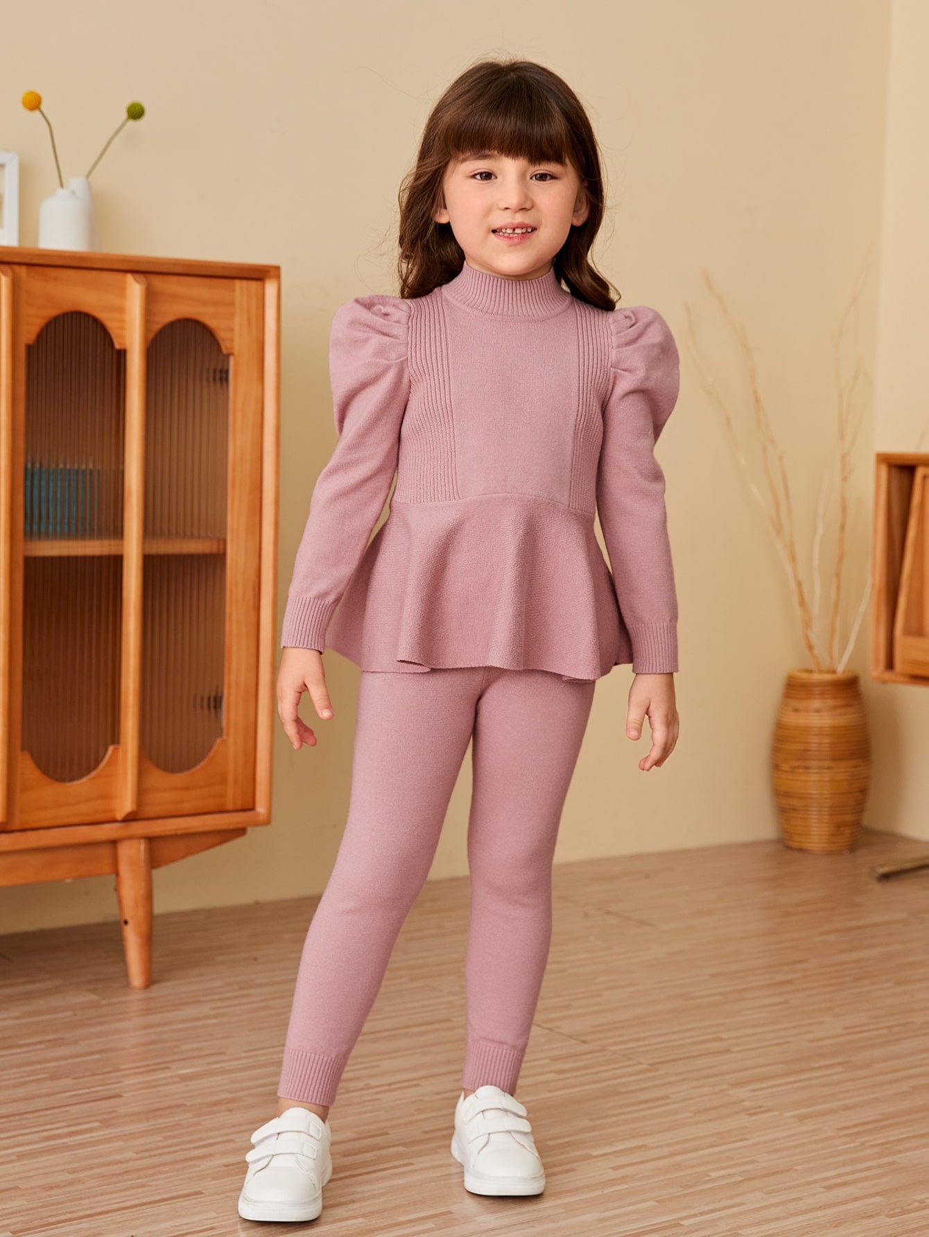 Young Girl High Neck Gigot Sleeve Sweater & Knit Pants