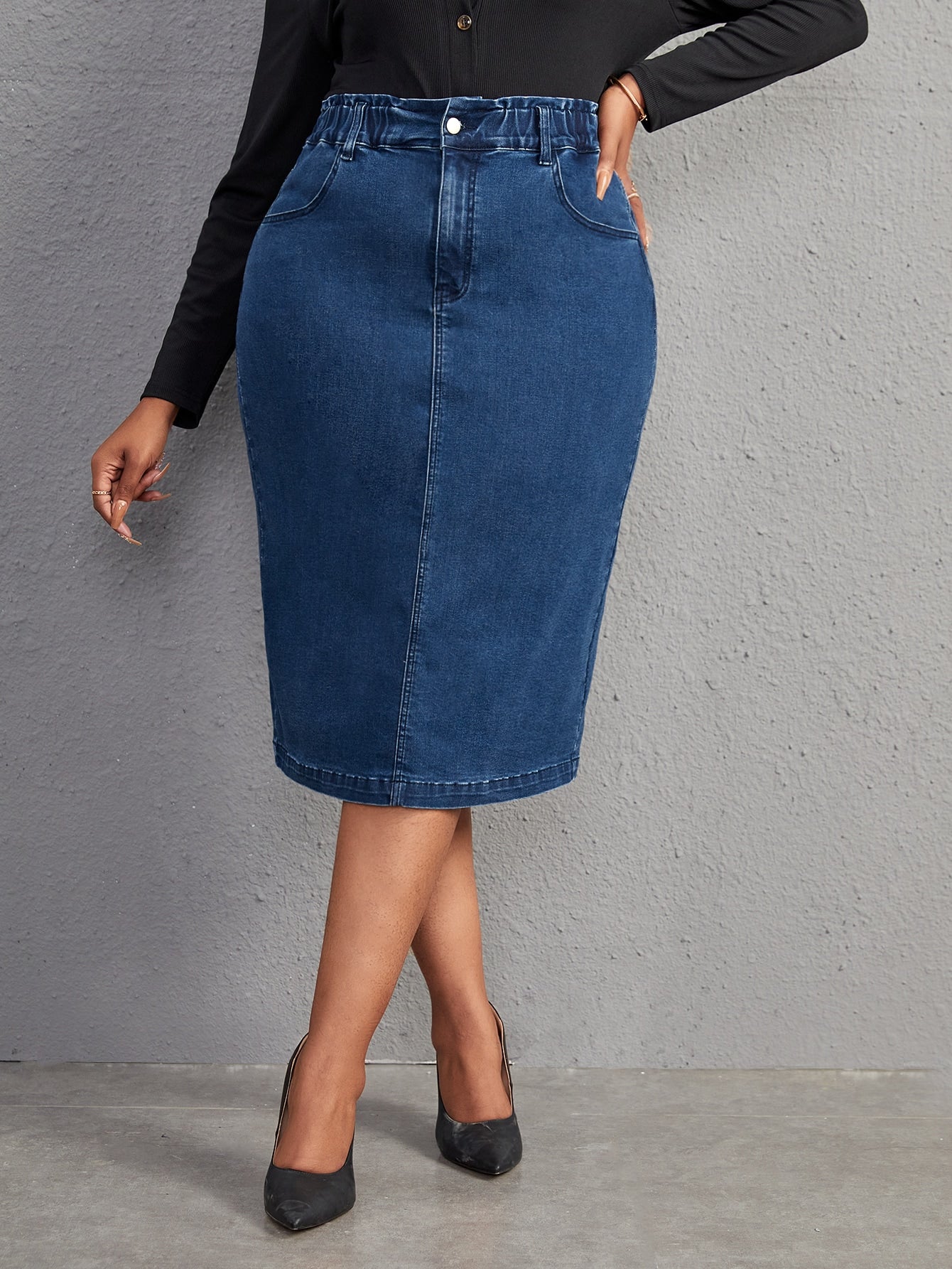 Plus High Waist Split Back Denim Skirt