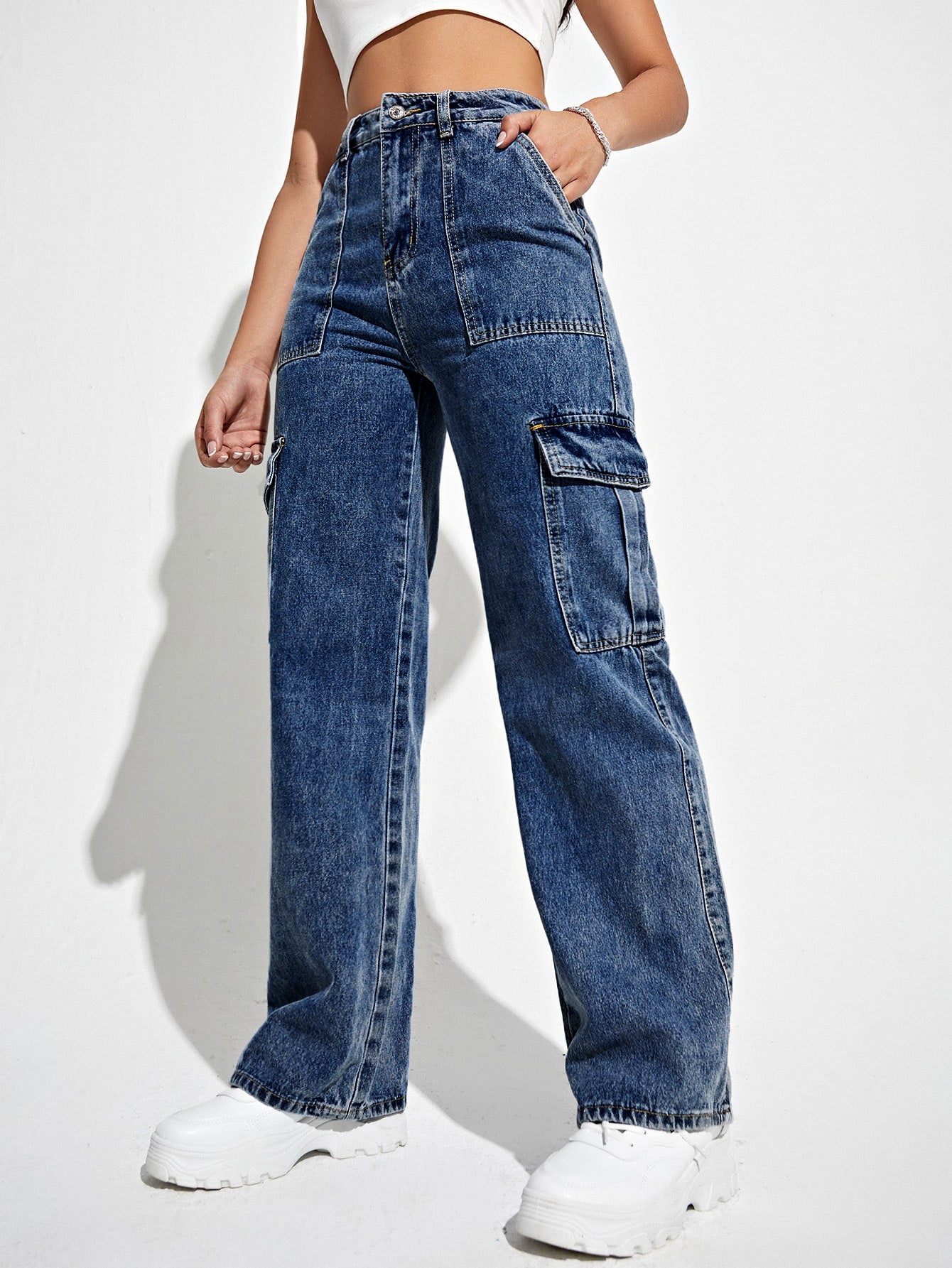 High Waisted Flap Pocket Cargo Jeans