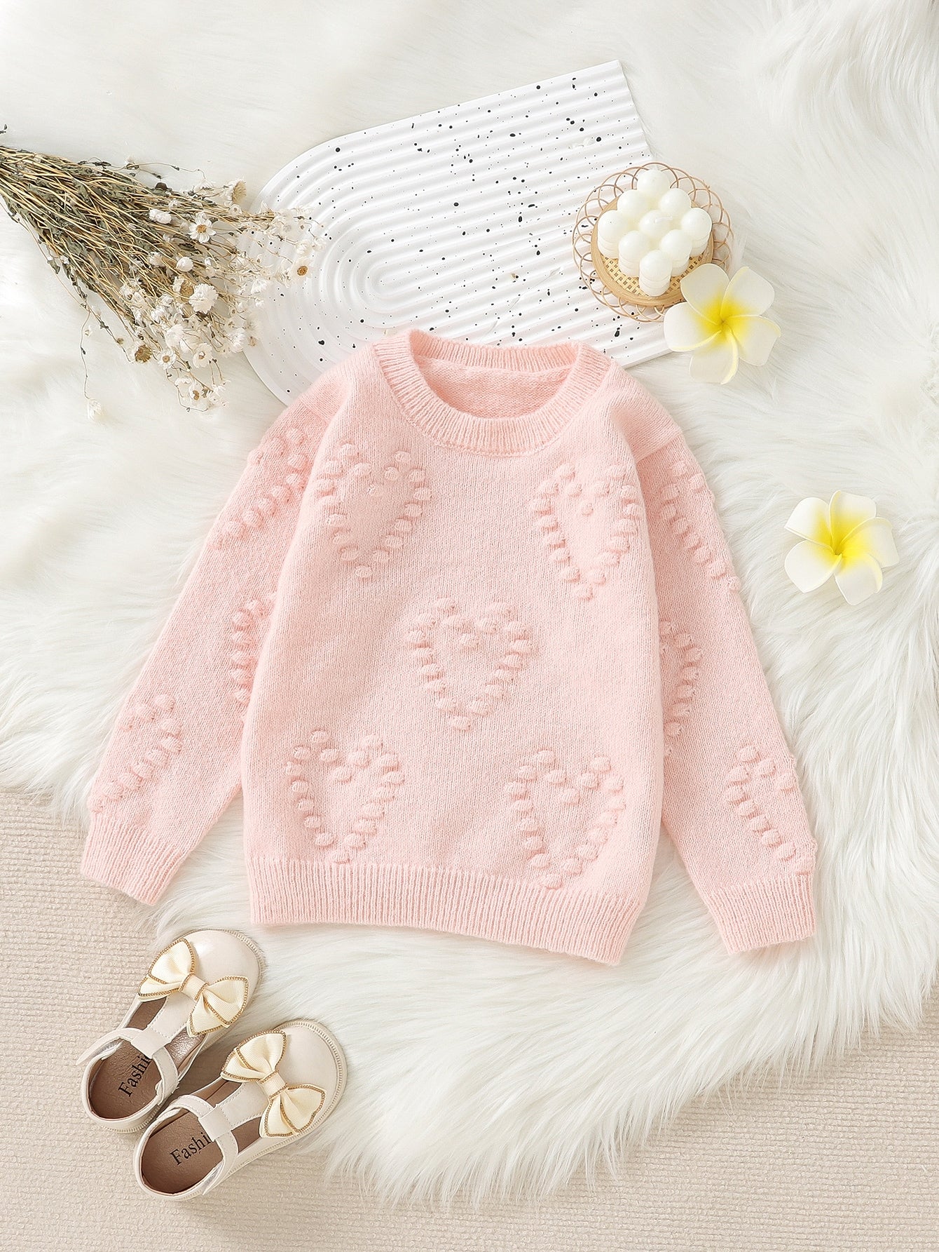 Young Girl Heart Pattern Popcorn Knit Sweater