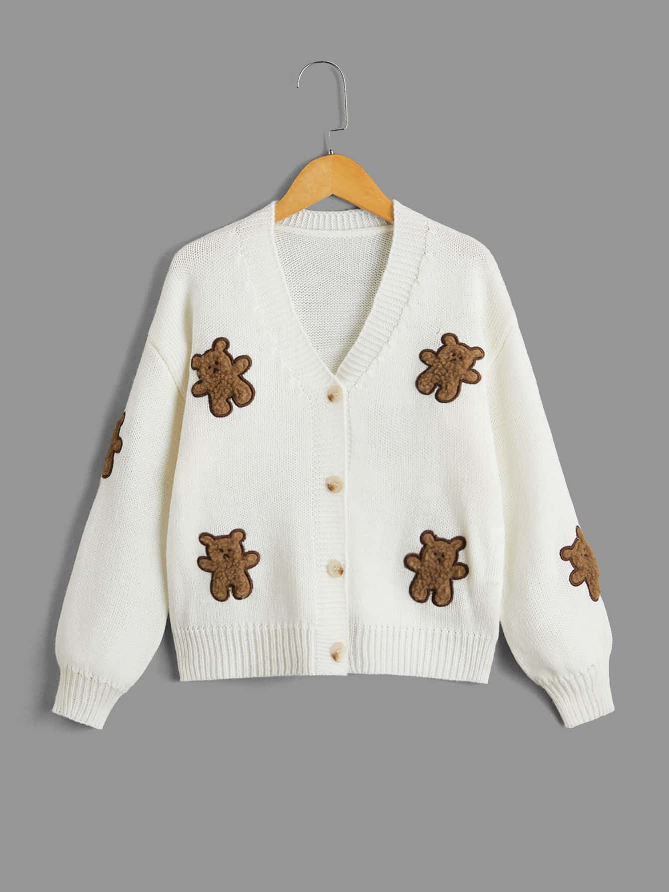 Tween Girl Bear Embroidery Drop Shoulder Cardigan