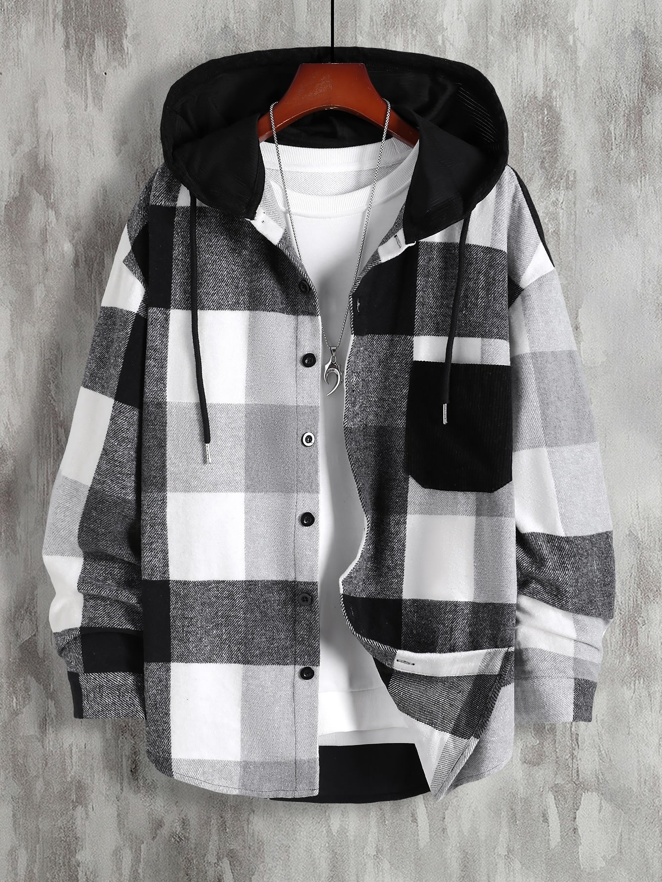 Loose Men's Plaid Printed Drawstring Hooded Overcoat, 1pc