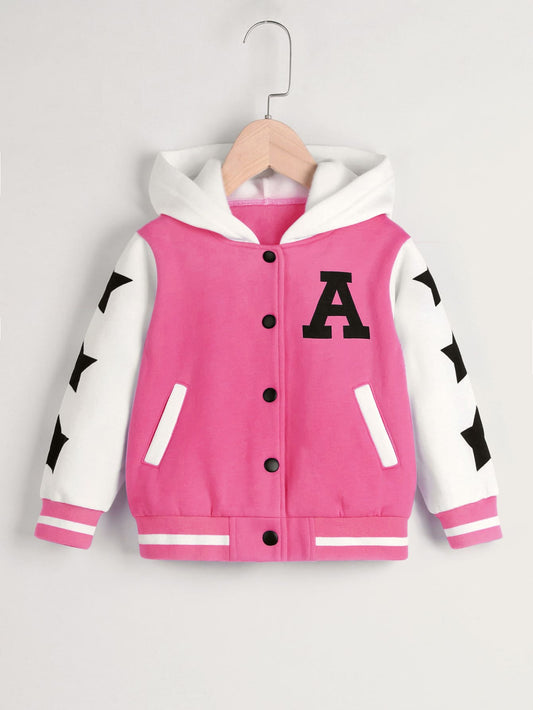 Young Girl Letter & Star Print Thermal Hooded Jacket