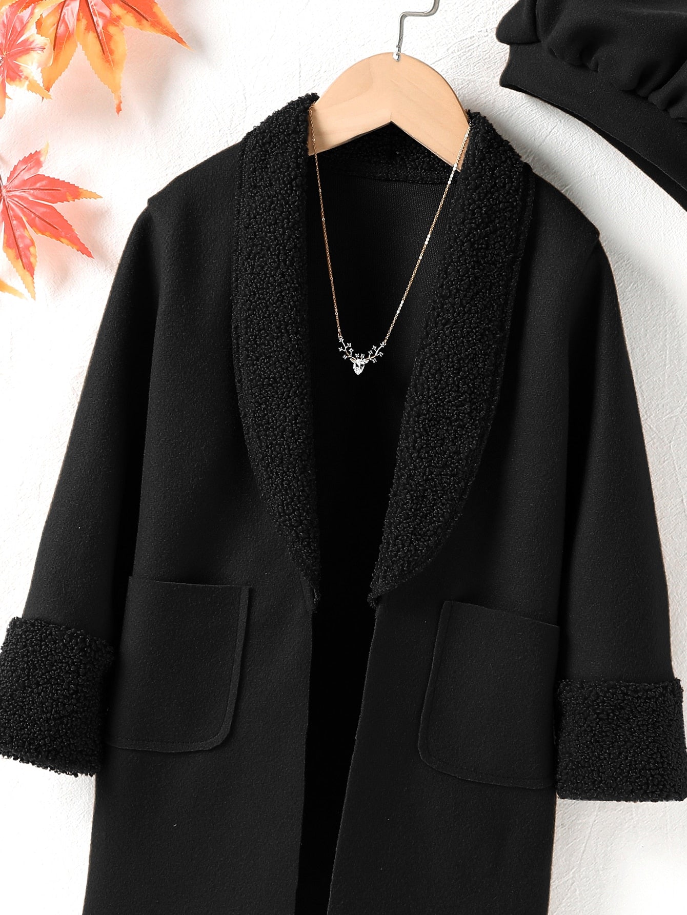 Young Girl Fuzzy Shawl Collar Dual Pocket Overcoat