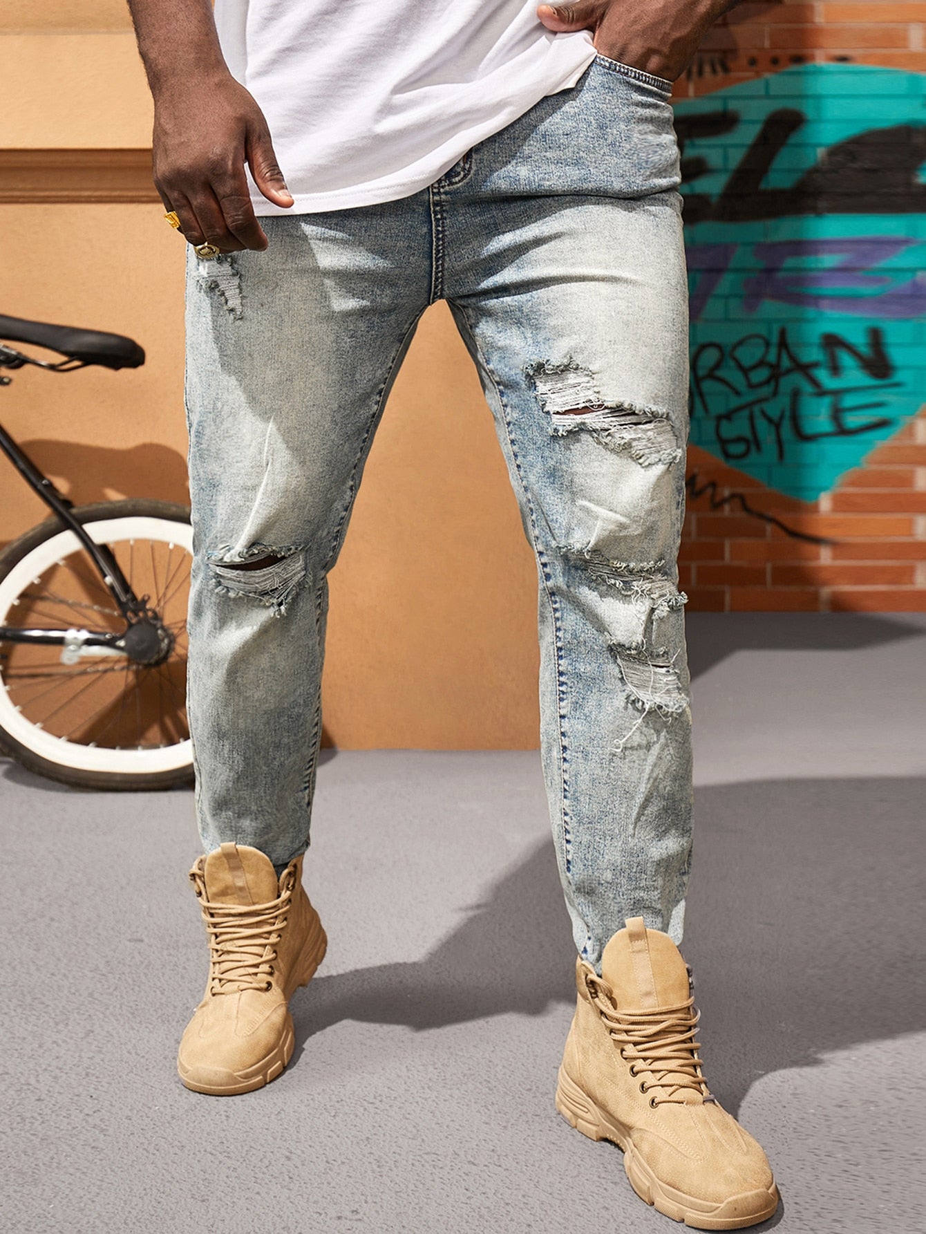 Men Plus Cotton Ripped Slim Straight Jeans