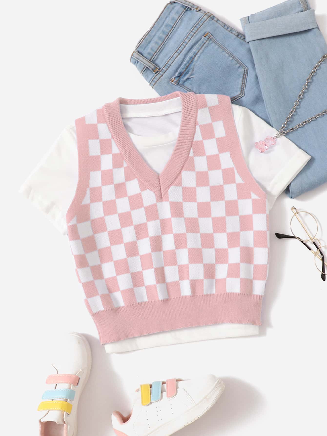 Tween Girl Checker Print Sweater Vest Without Tee