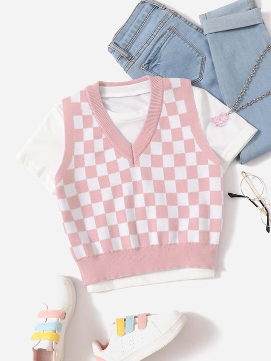 Tween Girl Checker Print Sweater Vest Without Tee