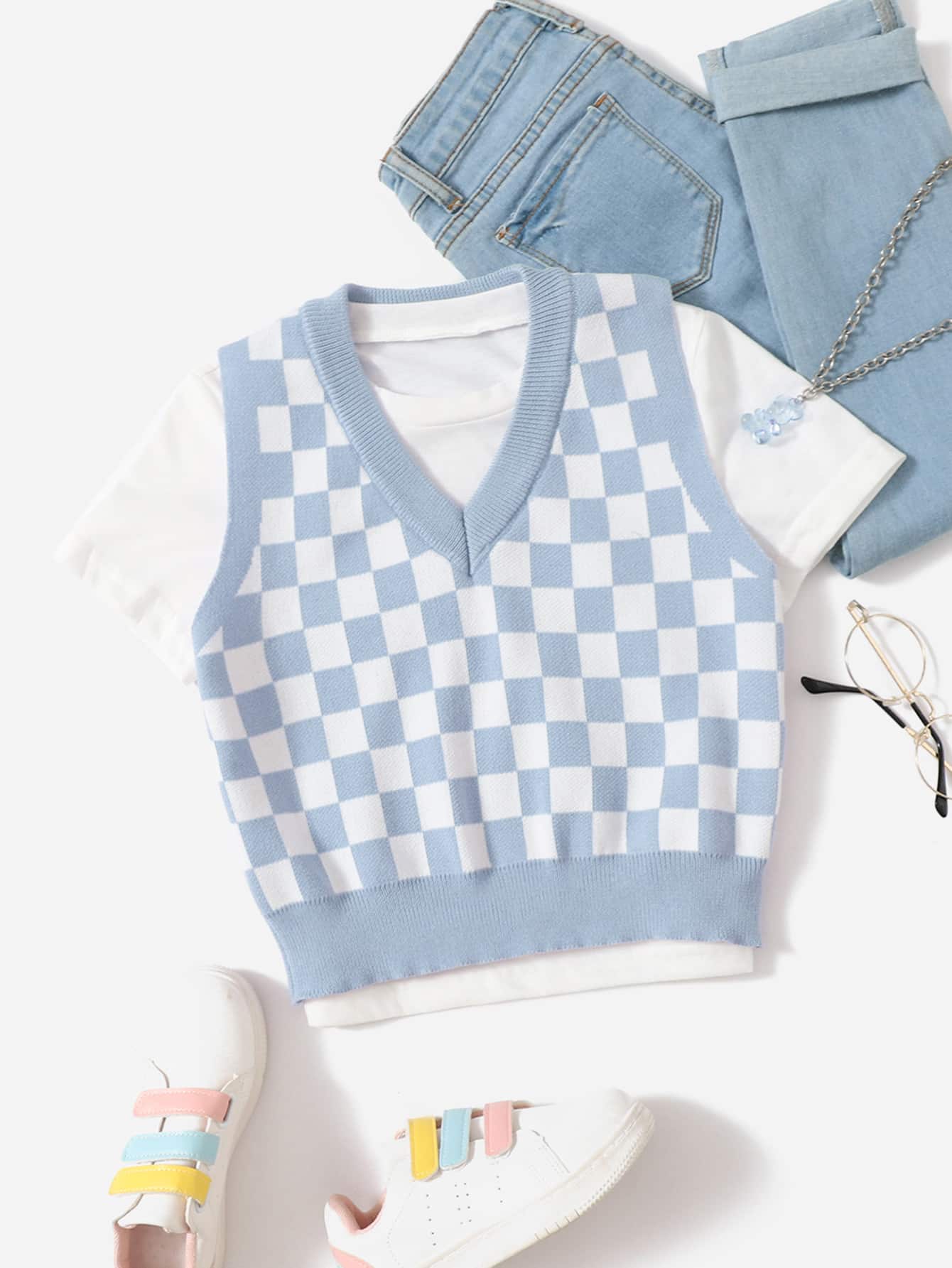 Tween Girl Checker Print Sweater Vest Without Tee