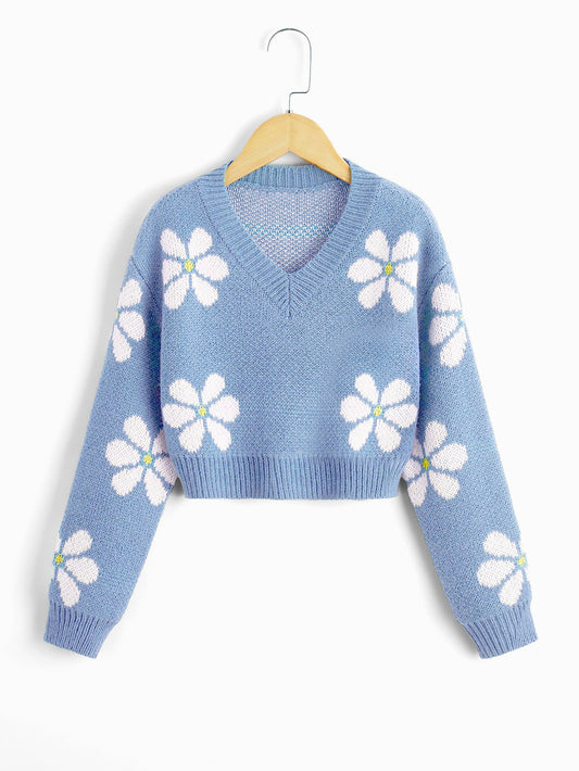 Tween Girl Floral Pattern Drop Shoulder Sweater