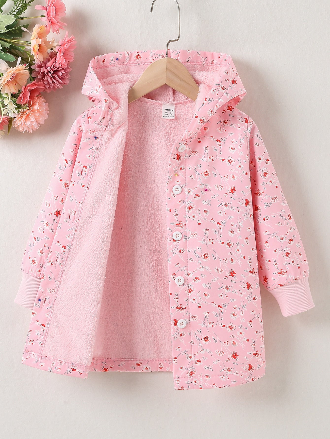 Young Girl Floral Print Teddy Lined Hooded Coat