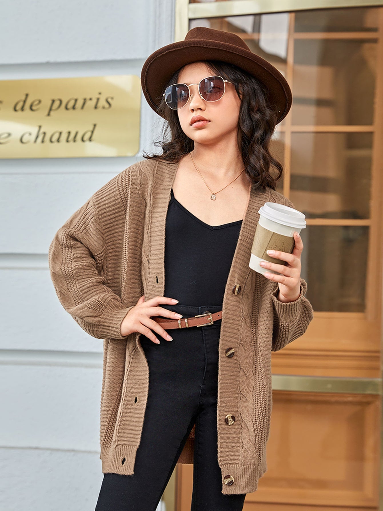 Tween Girl Autumn And Winter Solid Color Drop Shoulder Long Sleeve Single Breasted Casual Loose Cardigan