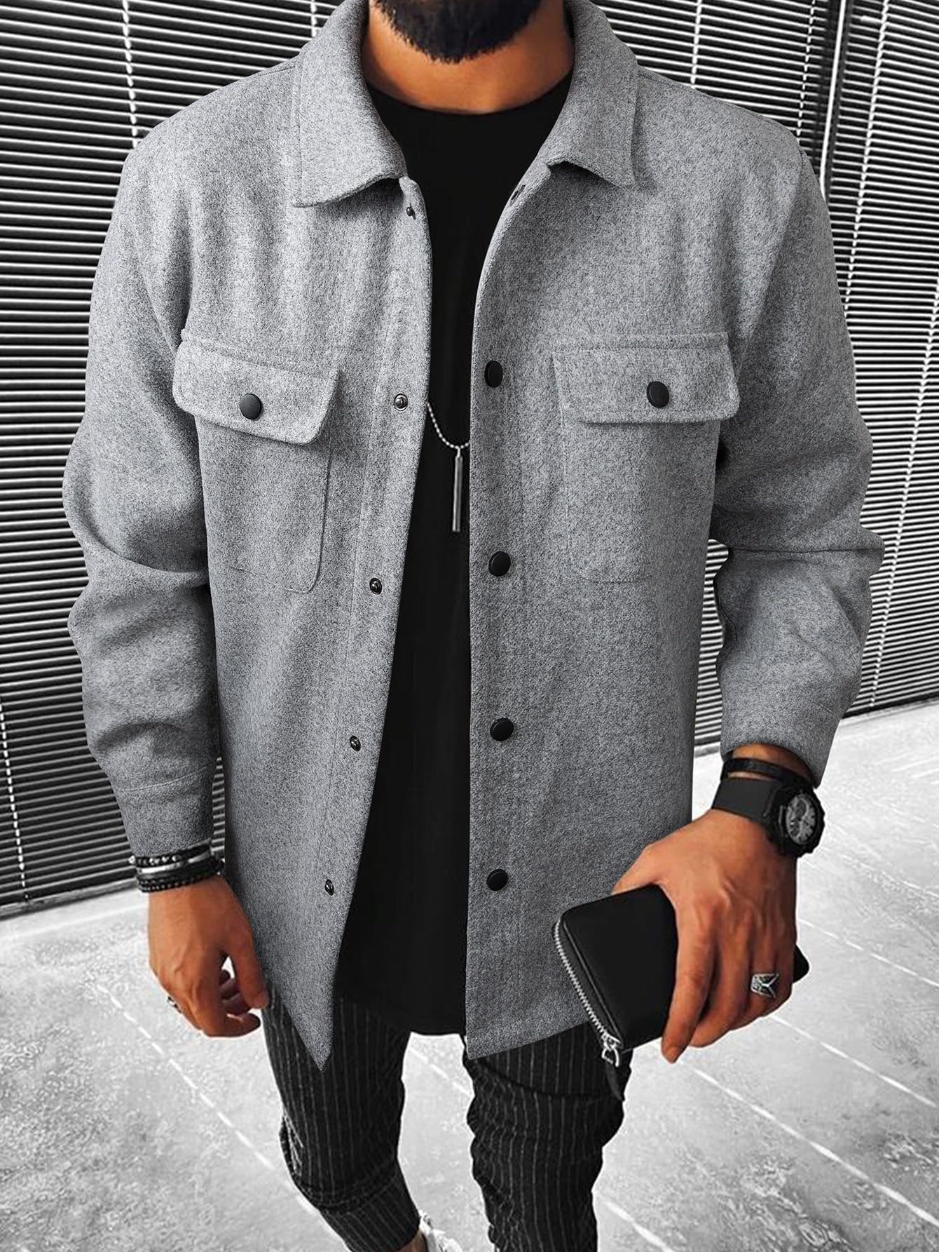 Men's Solid Color Button-Front Pocket Long Sleeve Wool Blend Jacket