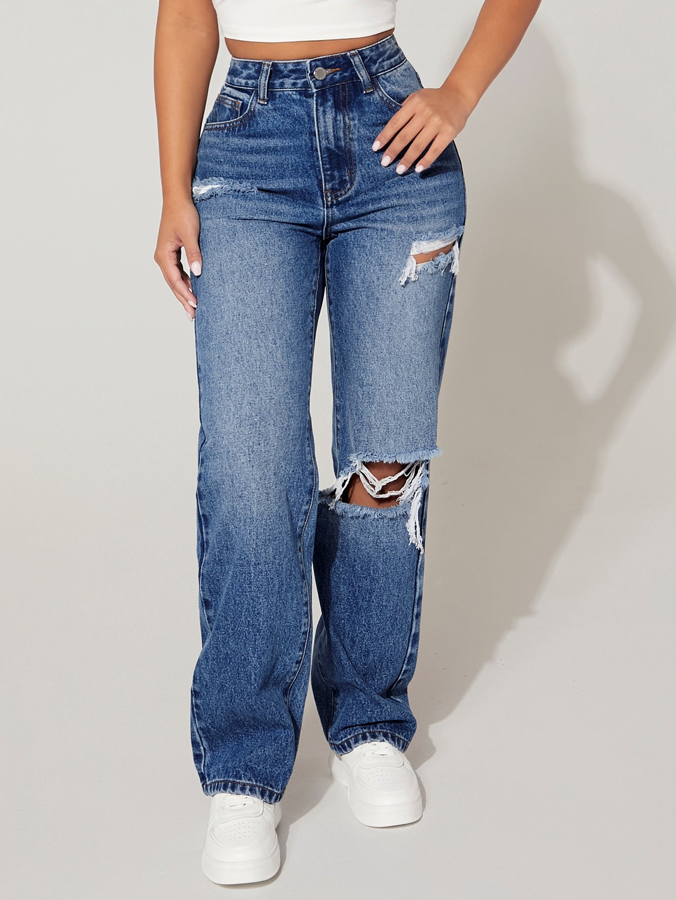 High Waist Cut Out Ripped Frayed Straight Leg Jeans