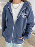 Slogan Graphic Drop Shoulder Zipper Drawstring Hooded Fleece Jacket