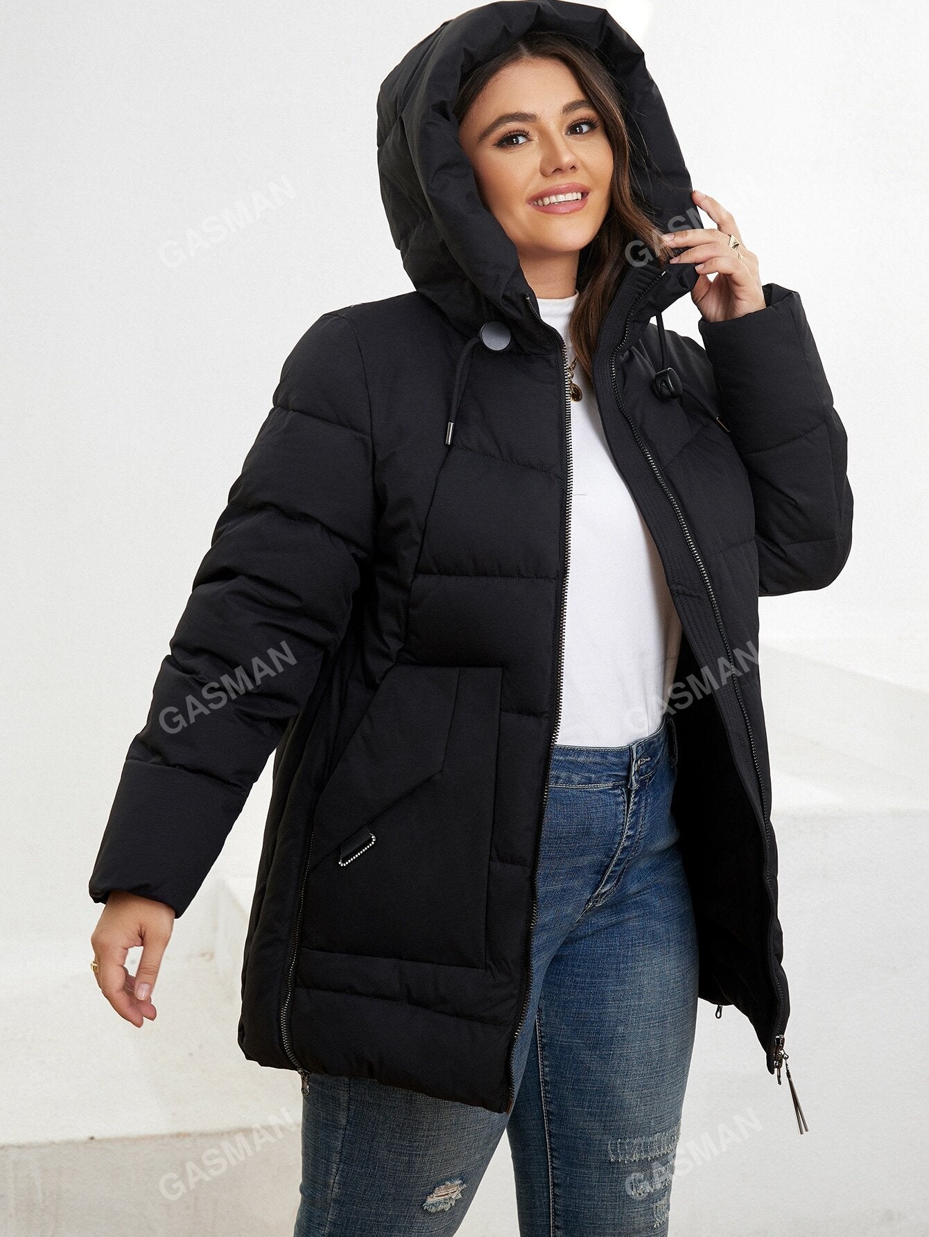 GASMAN Plus Zip Up Drawstring Hooded Puffer Coat