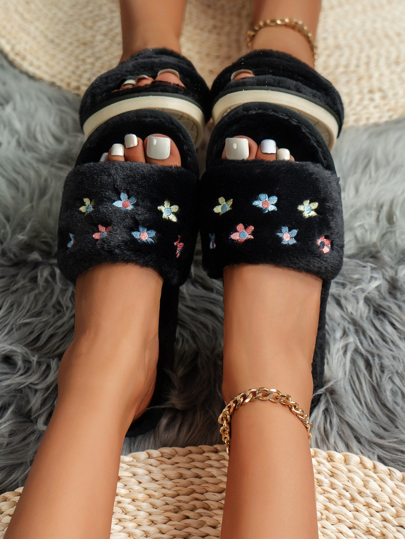 Floral Embroidered Fluffy Bedroom Slippers