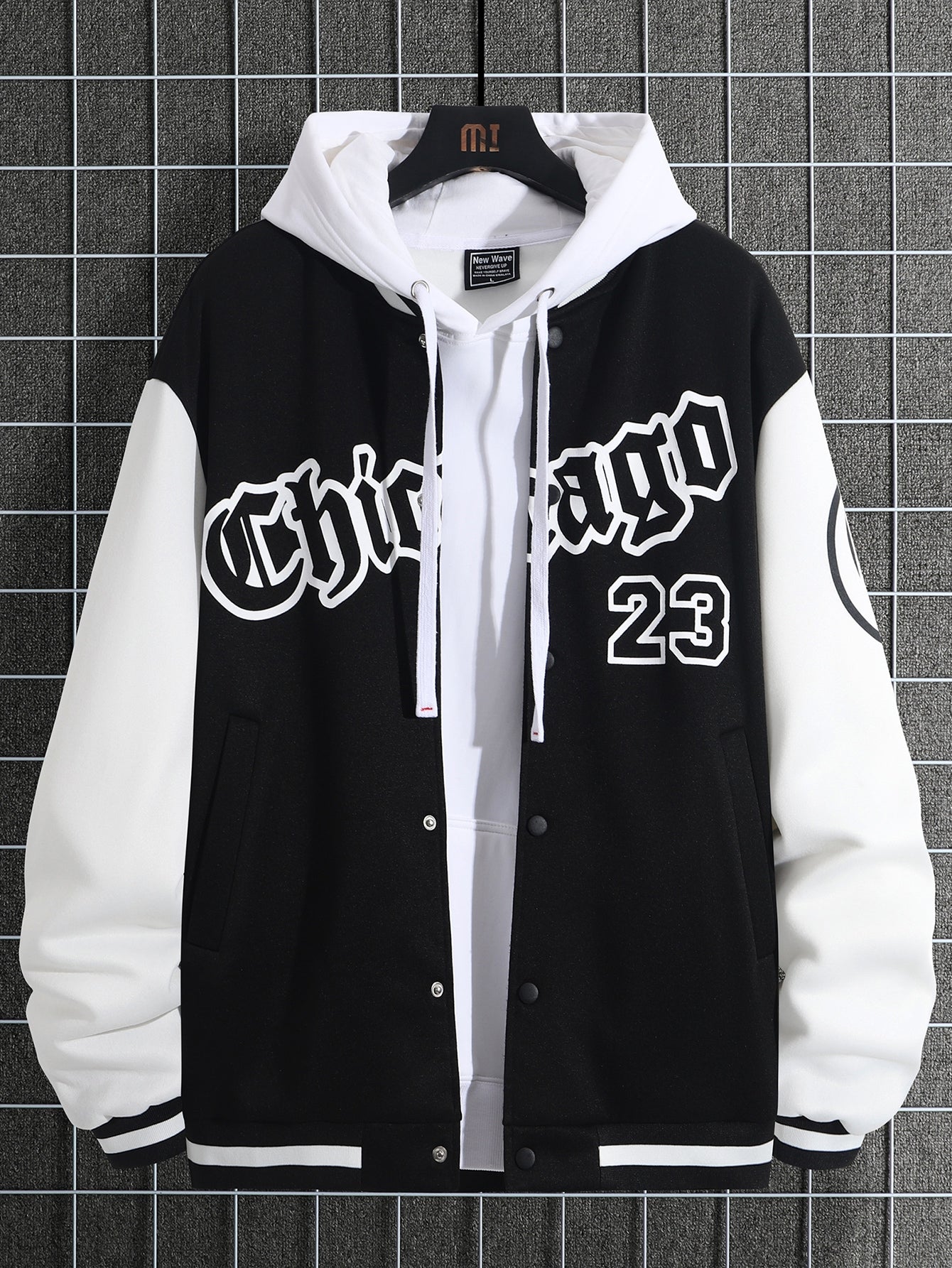 Loose Fit Men's Two-Tone Varsity Jacket Without Hoodie, Letter Graphic Design