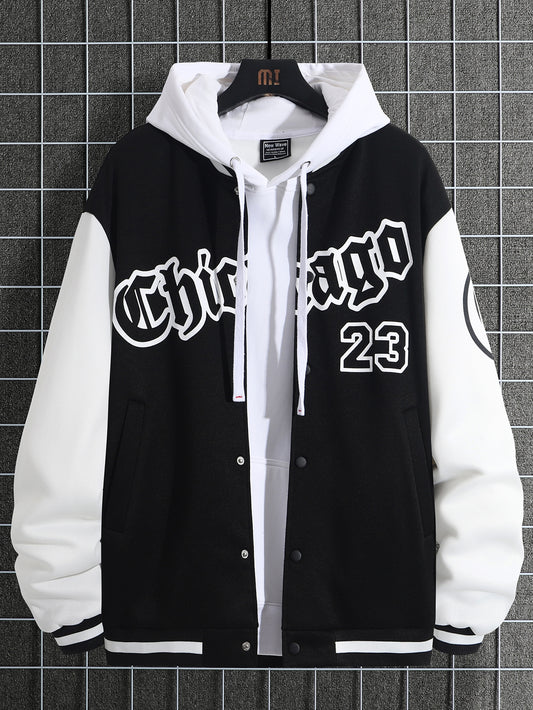 Loose Fit Men's Two-Tone Varsity Jacket Without Hoodie, Letter Graphic Design