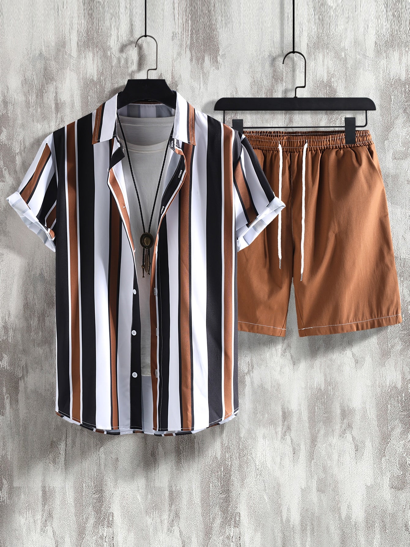 Men Striped Shirt & Drawstring Waist Shorts Without Tee