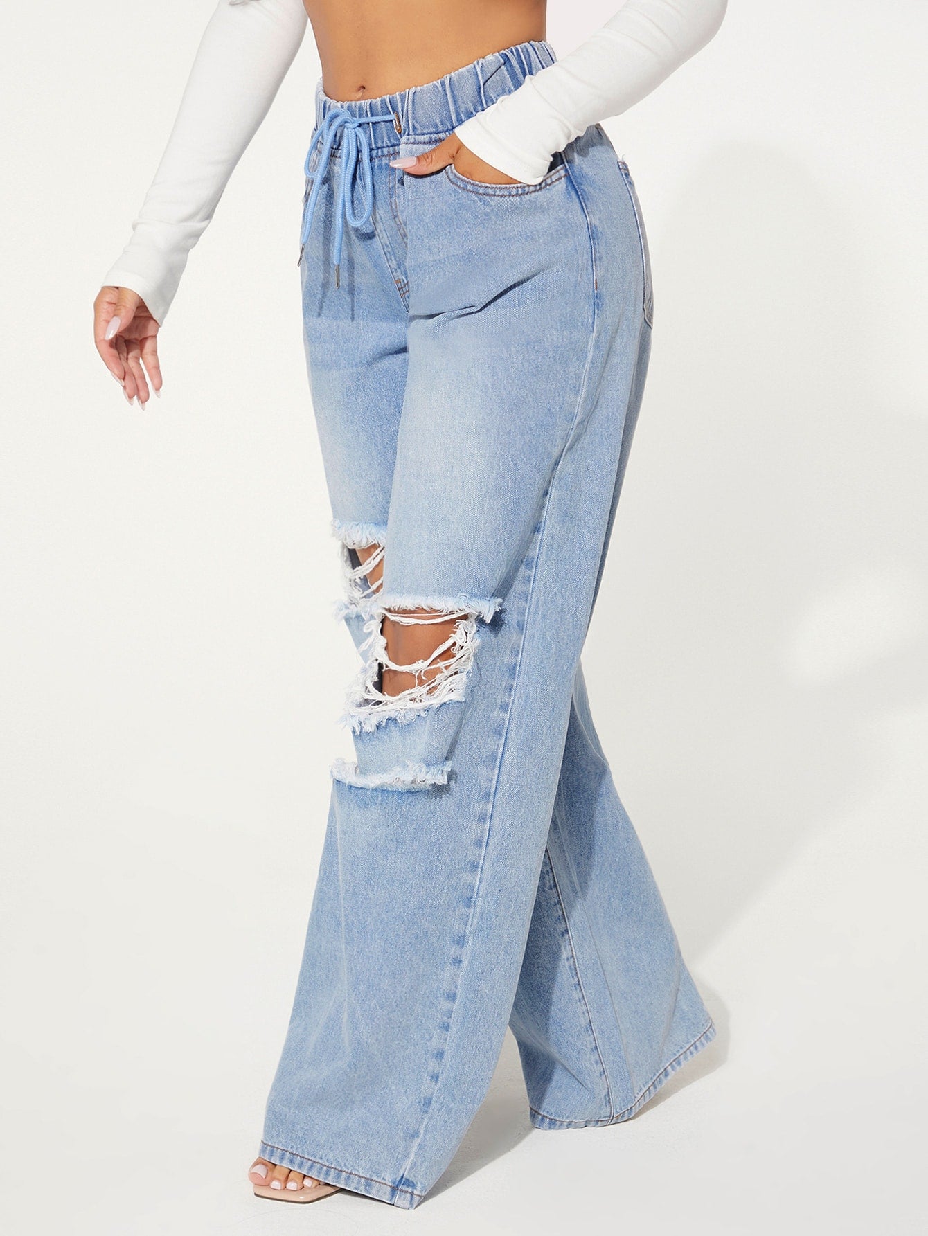 Drawstring Waist Cut Out Ripped Wide Leg Jeans