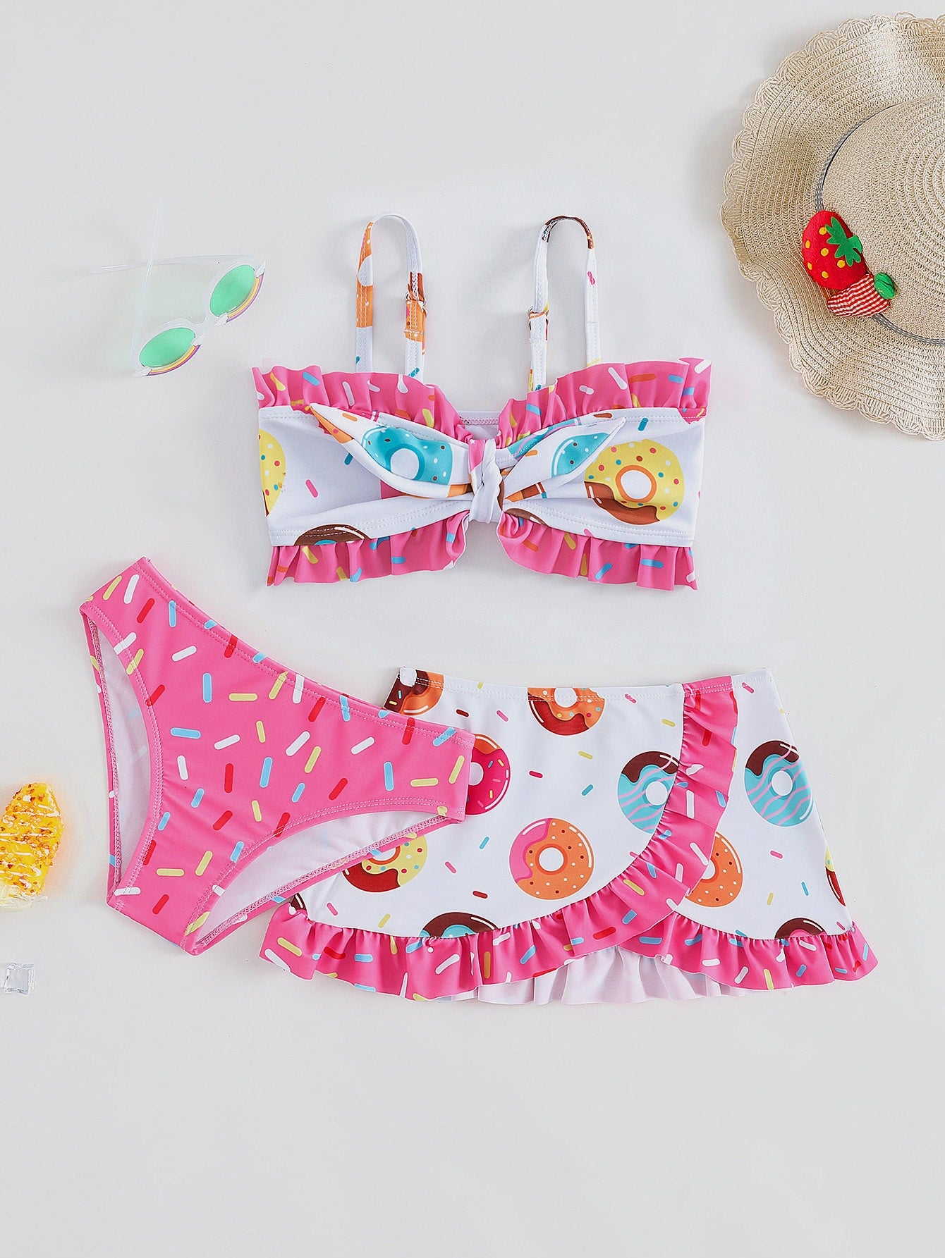 Young Girl Donuts Print Frill Trim Knot Front Bikini Set With Beach Skirt Summer Beach