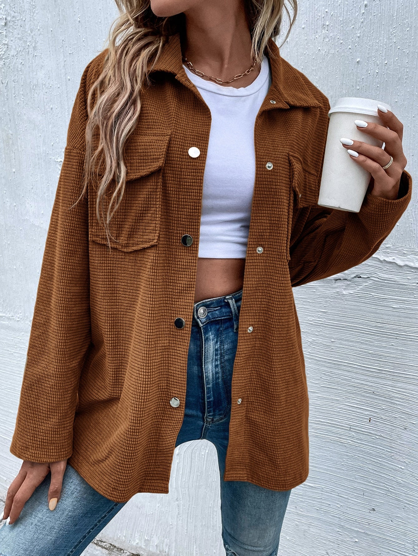 Flap Pocket Drop Shoulder Flap Pocket Corduroy Coat