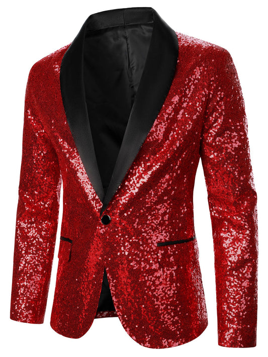 Men Shawl Collar Single Button Sequins Blazer