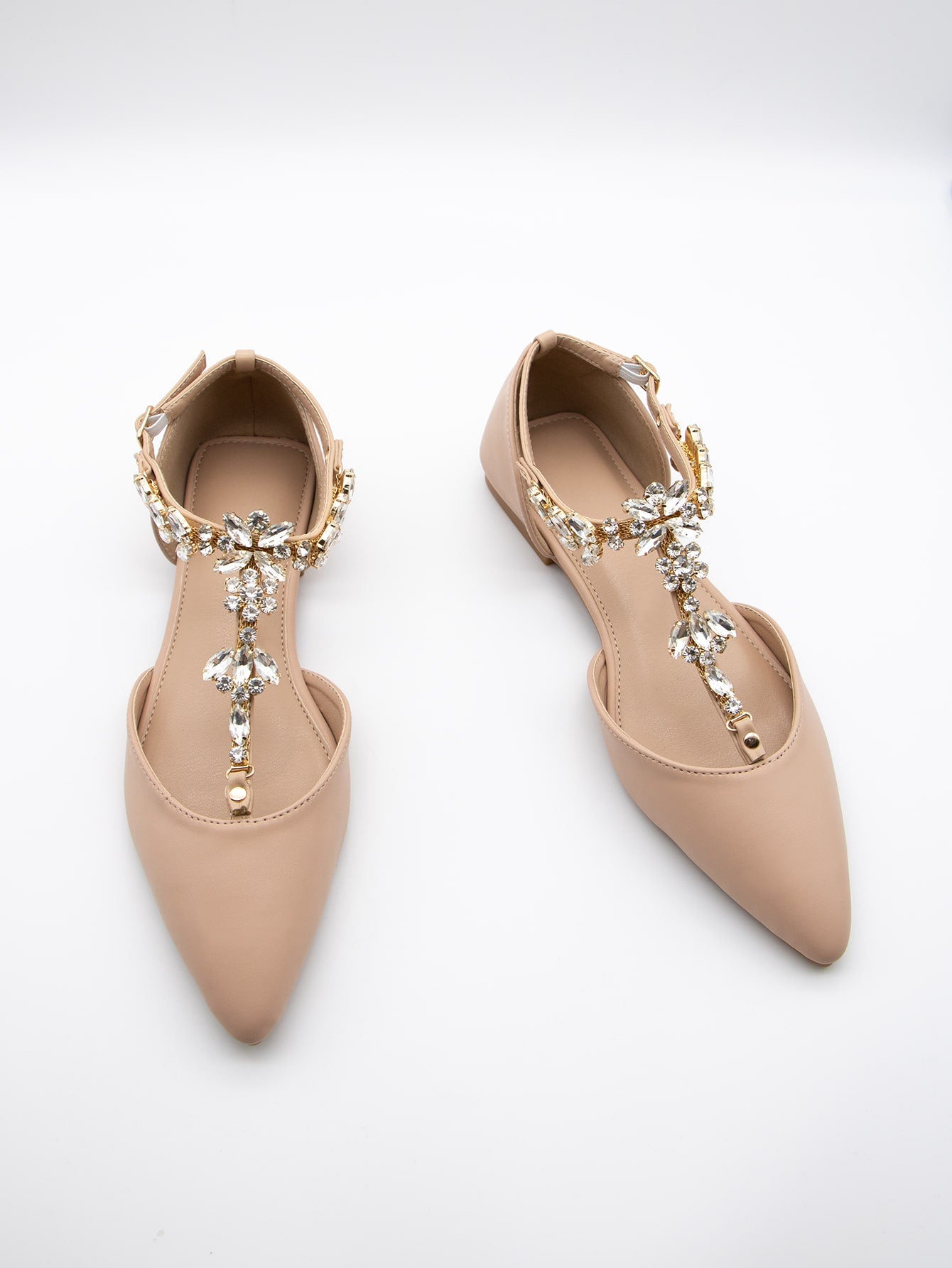 Women's Luxury Rhinestone Chain Decorated Green Lycra Fabric Fashion Pointed Toe Hollow Out Flat Shoes With Ankle Strap For Daily And Party Wear