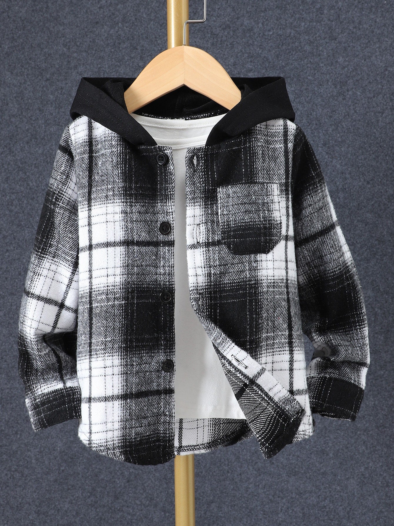 Young Boy Plaid Patched Pocket Hooded Coat Without Tee