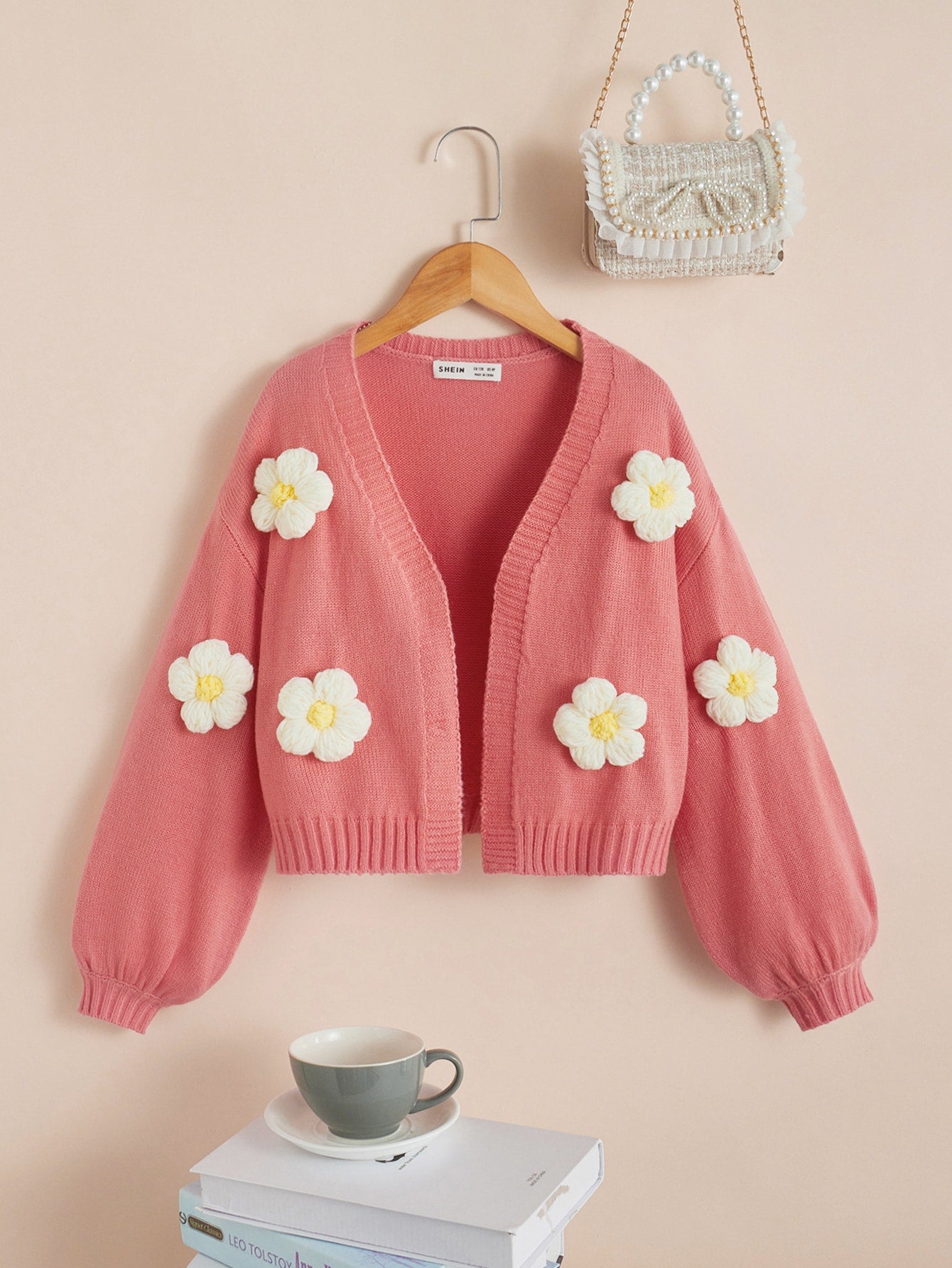 Tween Girl Stereo Flower Drop Shoulder Lantern Sleeve Cardigan