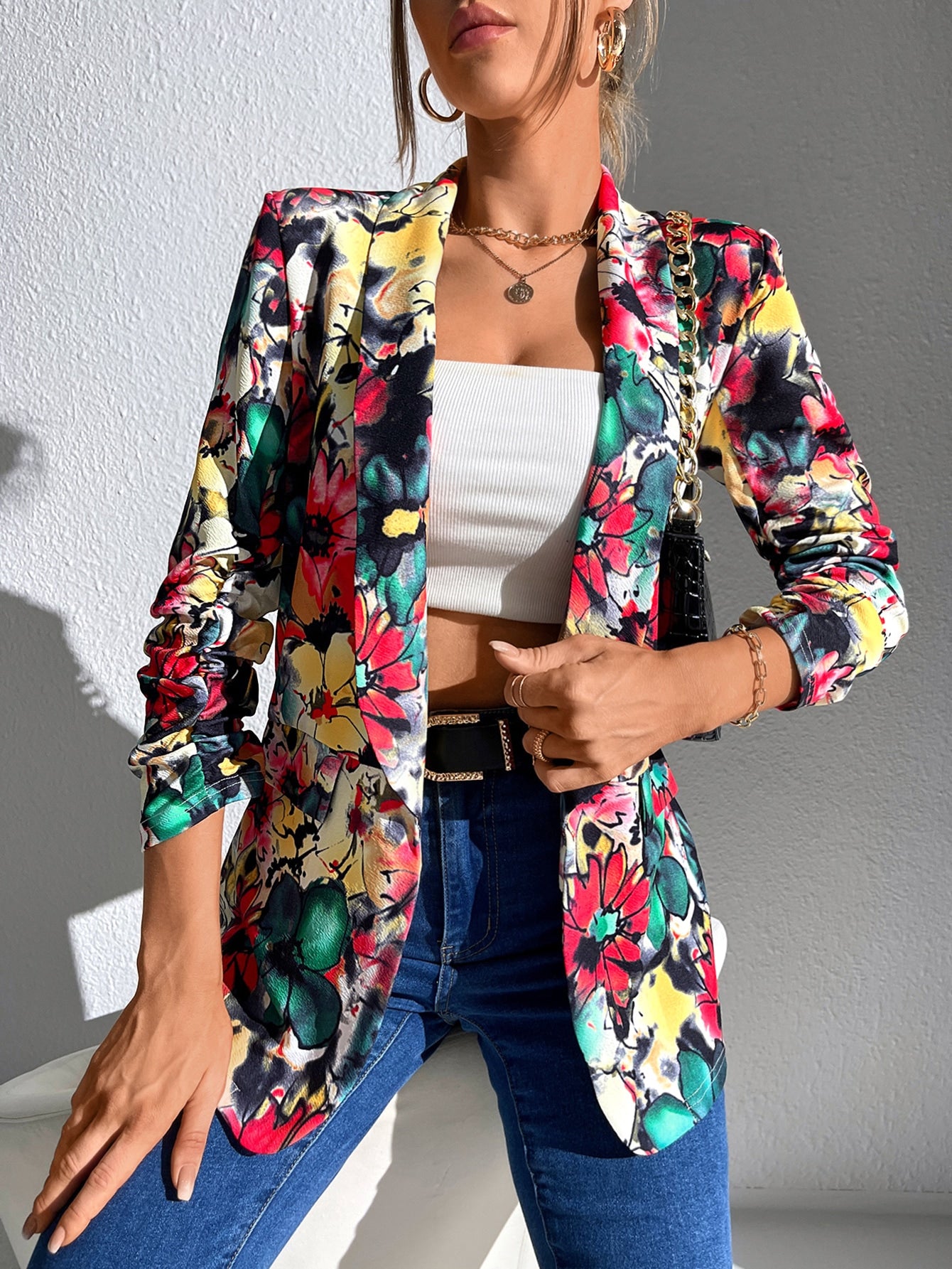 Floral Print Shawl Collar Open Front Blazer